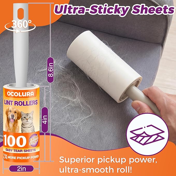 Extra Sticky Lint Rollers for Pet Hair, Easy Tear Lint Remover for Dog Cat Hair, Clothes, Multipurpose Lint Roller for Furniture Couch Carpet Car Seat (6 pcs - 600 Sheets)