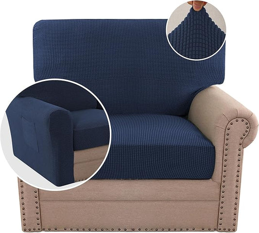 H.VERSAILTEX Multi-Pieces Chair Covers Stretch Couch Covers Form Fitted Seat and Back Cushions Covers (1 Seat Cover Plus 1 Back Cusion Cover, Bonus 2 Armrest Covers), Navy