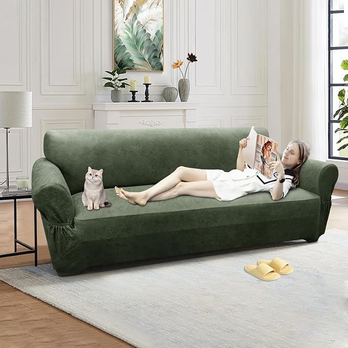Couch Cover Leather Look 3 Seater Couch Sofa Cover 1-Piece Sofa Slipcover Stretch Furniture Protector with Elastic Bottom & Pockets(Sofa, Army Green)