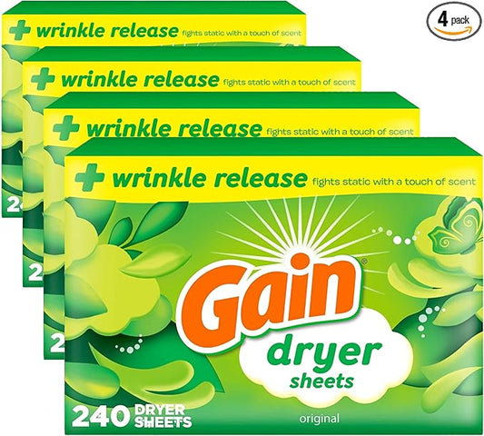 Gain Dryer Sheets Plus Wrinkle Release, Original Scent, Fights Static With a Touch of Scent, Laundry Sheets, 240 Count (Pack of 4)