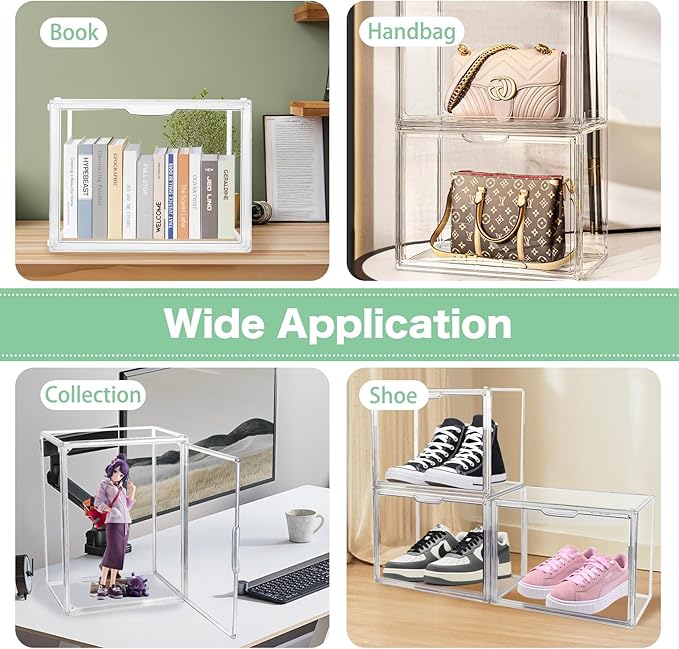 2 PACK Clear Book Storage Organizer Stackable Acrylic Book Display Box with Magnetic Door for Bookshelf Easy Assemble Bookcase Containers Display case for Comics Toys Handbags Shoes Purses