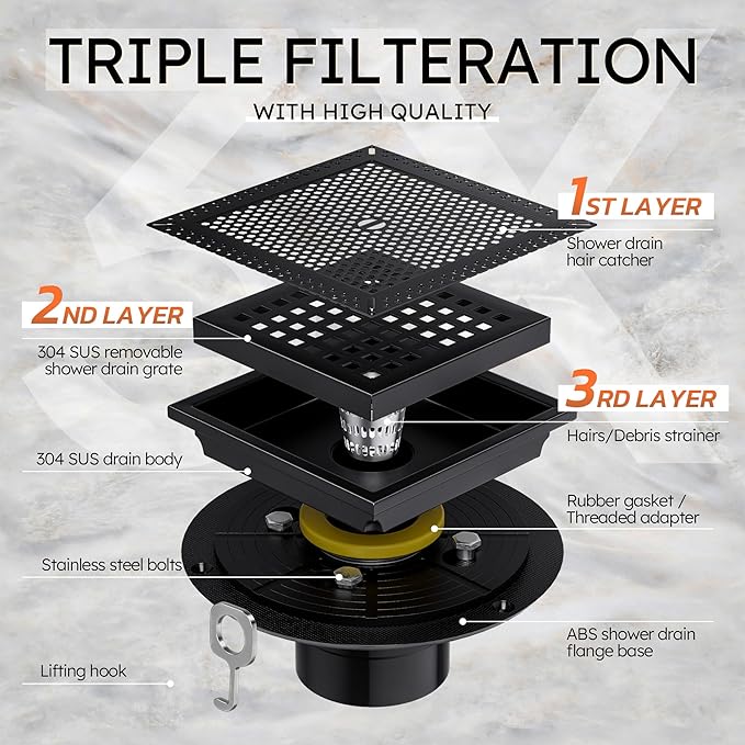 6 Inch Square Black Shower Drain with Flange, Modern Floor Drain with Quadrato Pattern Grate Removable,SUS 304 Stainless Steel