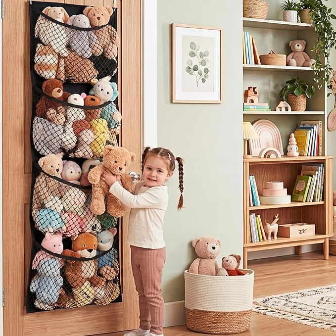 Ofiray-home Over The Door Stuffed Animal Storage, Cotton Toy Organizer for Storage Plush Toys, Stuffed Animal Holder with 4 Large Pockets, Hanging Door Organizer for Nursery, Bedroom (Black)