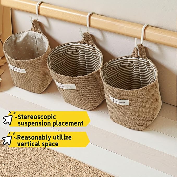 Washable Cotton Linen Hanging Organizer Bag for Door Wall Bedside | Washable Storage Pockets | Space Saving ，Reusable Closet Organizer (2Pack) (Deep blue dots+yellow stripes)