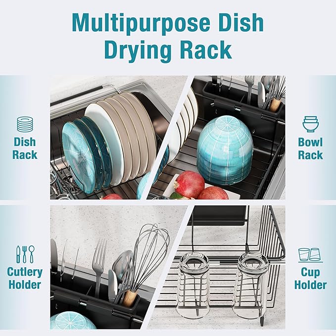 Dish Drying Rack Over the Sink In Stainless Steel Black Expandable Drainer for Small Kitchen, Counter Space Saving Compact Inside Sink Plate Dryer, Adjustable Hanging Metal Wire Strainer Drain Holder