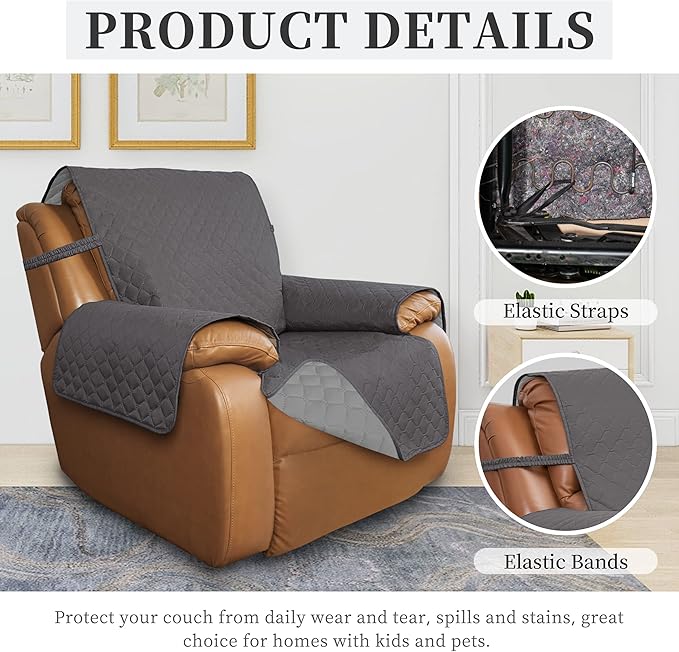 ISSUNTEX Double Protection 100% Waterproof Recliner Covers for Living Room, Reversible Furniture Protector Recliner Couch Sofa Slipcover for Dogs, Pets, Kids (Oversized Recliner, Gray/Light Gray)