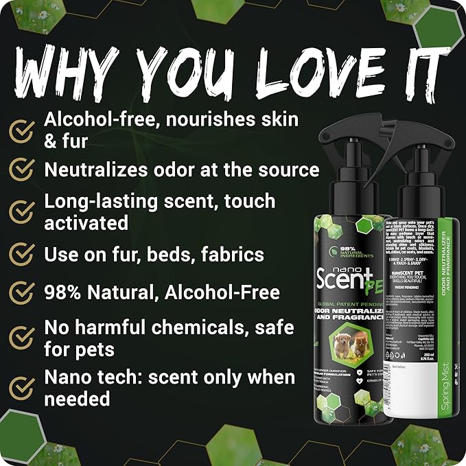 PET Odor Neutralizing Pet Freshening Spray, Nano-Activated, 98% Natural, Alcohol-Free Grooming Spray for Dogs, Cats & Fabrics, Long-Lasting Touch-Release Fragrance - Floral Daze (50mL)