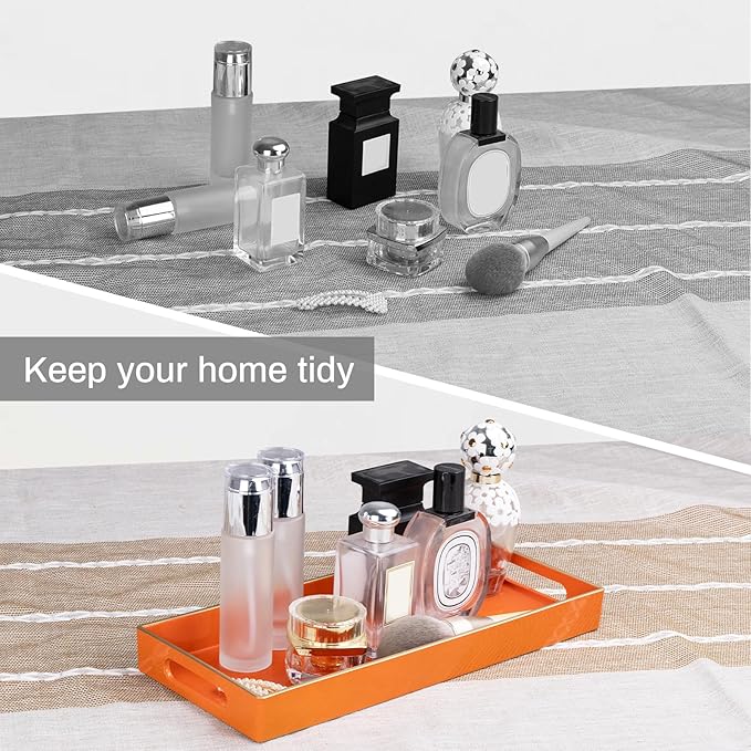 MAONAME Orange Vanity Tray Set of 2, Plastic Decorative Tray with Handles, Small Narrow Trays, Rectangular Bathroom Trays for Toilet Tank, 13.8" X 6" X 1.57"