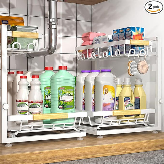2 Packs Under Sink Organizer, Height Adjustable 3 Tier Under Kitchen Sink Organizer, Multi-Purpose Storage Shelf for Kitchen Bathroom Cabinet (White, Large)