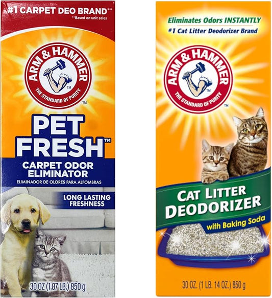 Arm & Hammer Pet Odor Control kit, Pet Fresh Carpet Odor Eliminator Long Lasting Freshness + Cat Litter Deodorizer with Baking Soda, 30 oz Each