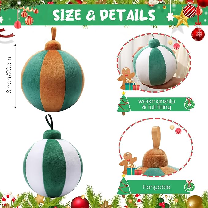 2 Pcs Christmas Pillows 7 Inch Round Christmas Ornament Shaped Throw Pillow Cute 3D Ball Xmas Throw Cushion Decoration for Bed Couch Sofa Chair Living Room(Brown Green,White)