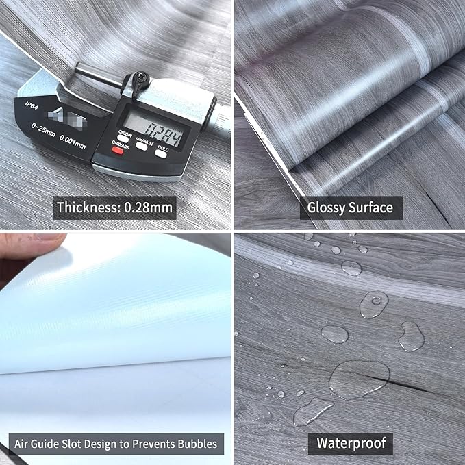 Grey Wood Grain Contact Paper Light Blue Wood Look Wallpaper Peel and Stick Countertop Covers with Air Guide Slot Design 16x354 inch Kitchen Cabinet Wallpaper Cabinet Vinyl Wrap Natural Wood Paper