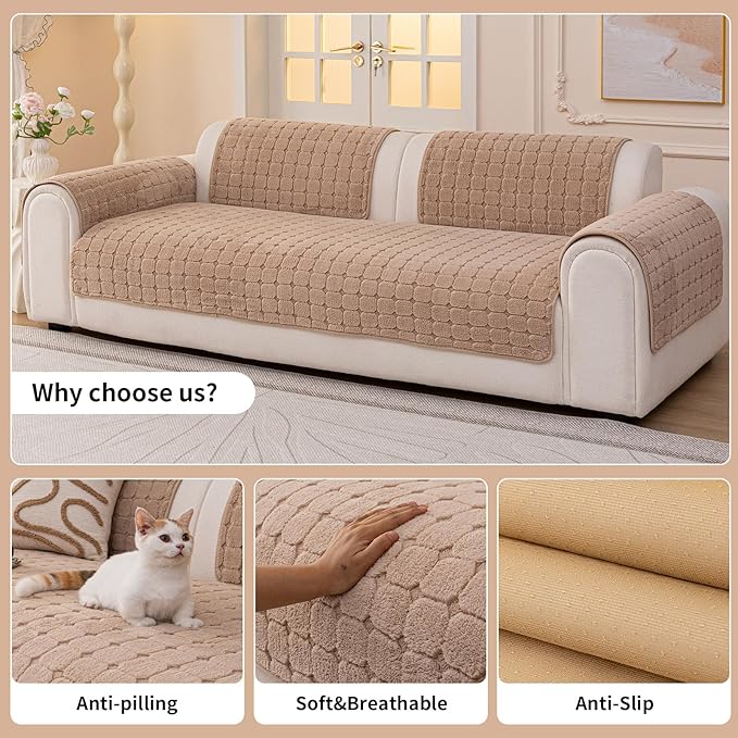Velvet Sofa Covers Washable, Plush Warm Couch Cover for Sectional Sofa, Funny Fuzzy Couch Covers for Pets&Kids, Non-Slip Sectional Sofa Cover(1PC, Khaki, 35.4"×82.7", Large Sectional)