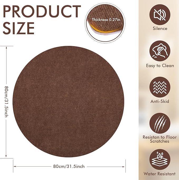 Round Recliner Pads for Hardwood Floors, Non Slip Recliner Grippers, Furniture Pads Floor Mats for Carpet, Anti Slide Office Chair Mat for Floor Protector, 30"x30" (1 Pack Brown