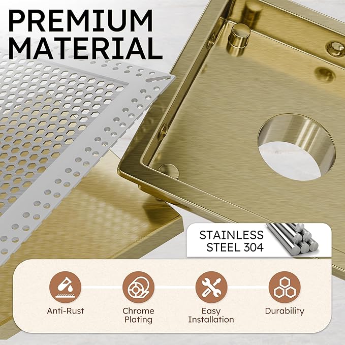 6 Inch Square Gold Shower Drain with Flange,Modern Floor Drain with 2-in-1 Cover Tiled Insert Grate,SUS 304 Stainless Steel
