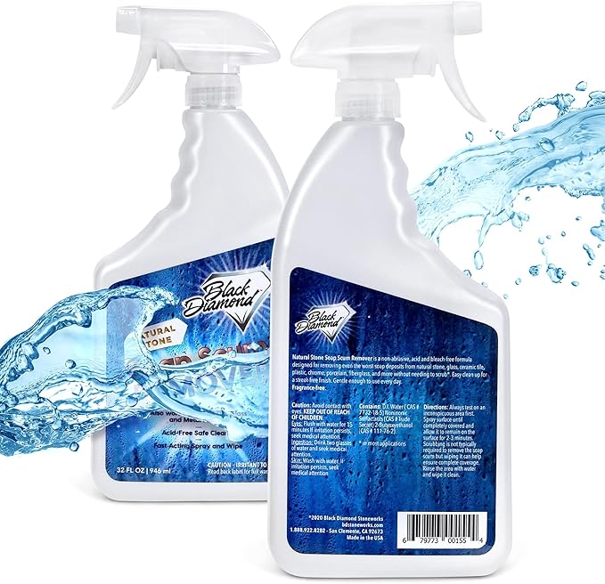Black Diamond Stoneworks Shower Glass Cleaner Spray & Soap Scum Remover – 2 Quart Bundle – Dissolves Hard Water Stains, Limescale & Soap Buildup – Safe for Natural Stone Showers