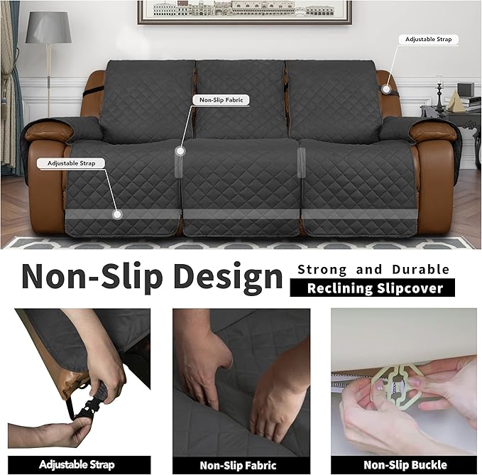 Easy-Going Oversized Recliner Sofa Cover, Reversible Couch Cover for 3 Seat Recliner, Split Sofa Cover for Each Seat with Elastic Straps for Kids, Dogs, Pets (3 Seater, Dark Gray/Dark Gray)