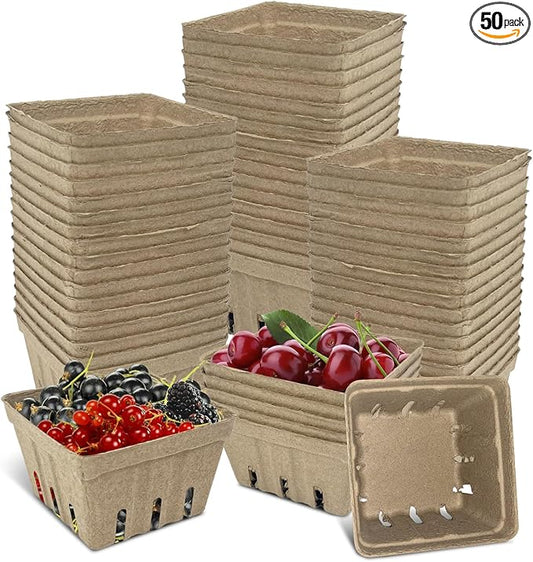 50 Pcs Natural Pulp Fiber Berry Basket, Molded Berry Basket Produce Vented Container for Strawberry Blueberry Raspberry and Vegetable Small Farmer Market Grocery Stores, Backyard Party 4.3x4.3x2.8inch