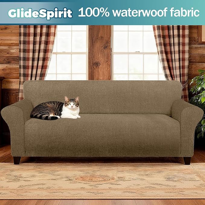 Waterproof Stretch Spandex Loveseat Couch Cover - Non-Slip Soft Sofa Slipcover with Elastic Bottom, Washable Leakproof Furniture Protector for Kids, Pets, Dogs & Cats (Loveseat, Brown)