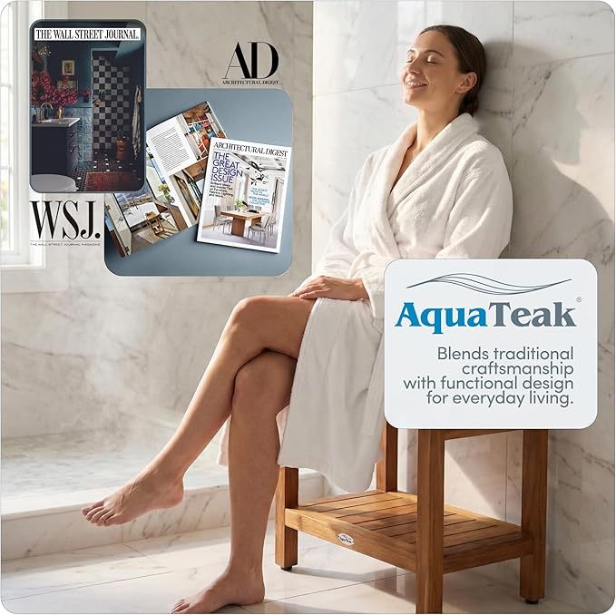 AquaTeak The Original 24" Fully Assembled Spa Teak Shower Bench - Shower Stool with Storage Shelf for Bathroom - Durable Water Resistant Shower Chair - Shaving Foot Rest - Indoor & Outdoor Use