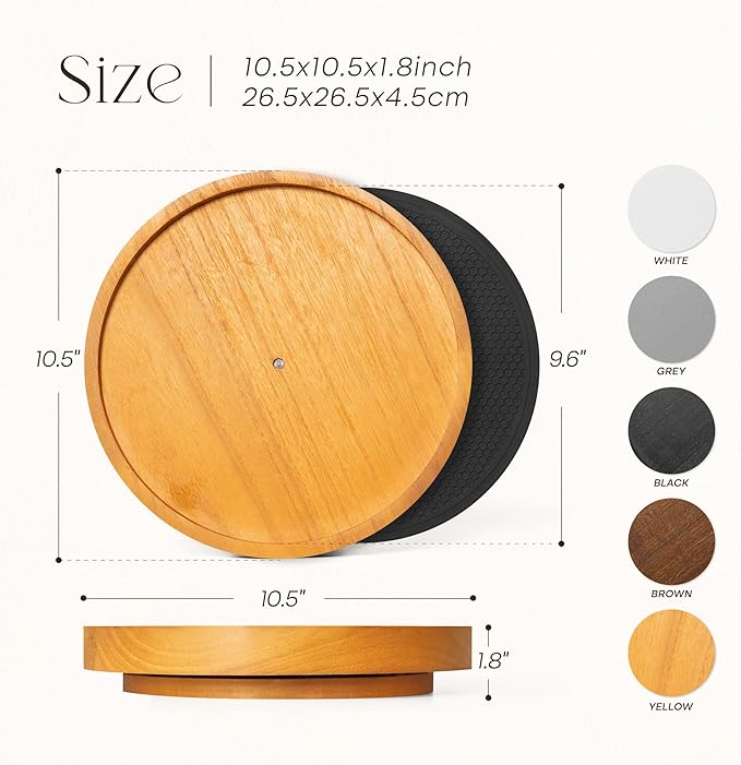 EOSAHR Non-Skid Wood Lazy Susan Organizer Turntable with Rubber Mat – 10.5" Lazy Susan Turntable for Cabinet, Table Top, Pantry & Kitchen Sink - Effortless Bathroom Vanity Tray (Light Brown)