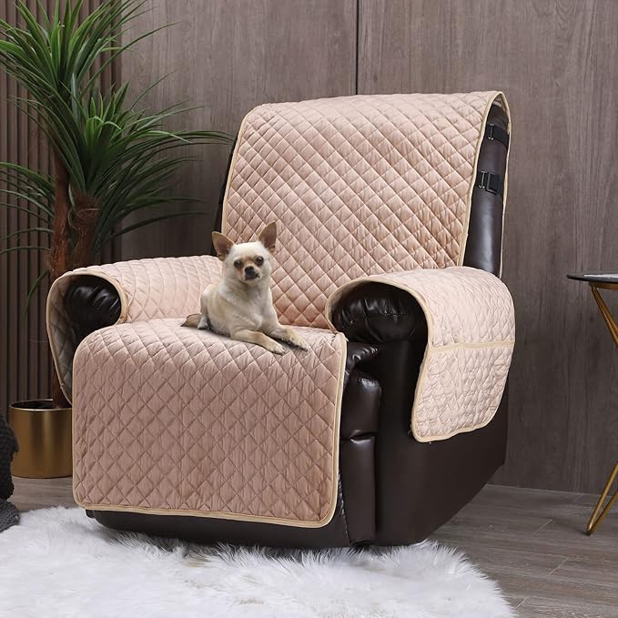 Velvet Recliner Covers Non Slip Waterproof Large Recliner Chair Covers for Leather Chairs Reversible Recliner Sofa Cover for Living Room Recliner Furniture Protectors Covers for Dog Pets Beige 23"