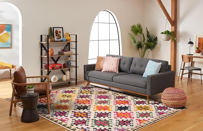 SAFAVIEH Monaco Collection Area Rug - 8' x 10', Ivory & Multi, Boho Diamond Trellis Design, Non-Shedding & Easy Care, Ideal for High Traffic Areas in Living Room, Bedroom (MNC244A)