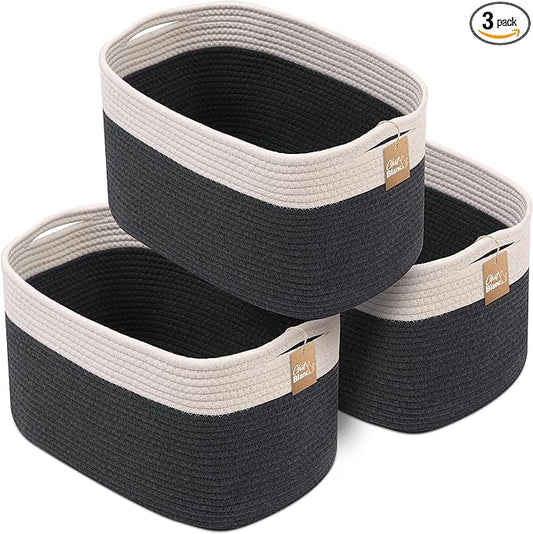 CHAT BLANC Cotton Rope Baskets for Organizing | Storage Baskets for Shelves | Rope Basket for Storage, Small Laundry Baskets, Woven Baskets for Storage, Dog Toy Bin, Baby Basket, White&Graphite 3 Pack