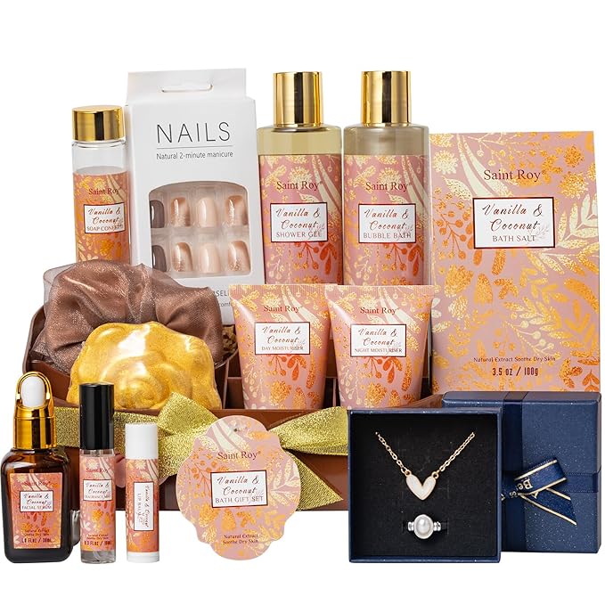 Valentines Day Gifts Luxury Gifts for Women, 16 Pcs Spa Gifts for Woman of Coconut Vanilla Scents Skin Care Kit, Facial Kit with Face Day Cream, Night Cream, Skincare Set in Makeup Storage Box