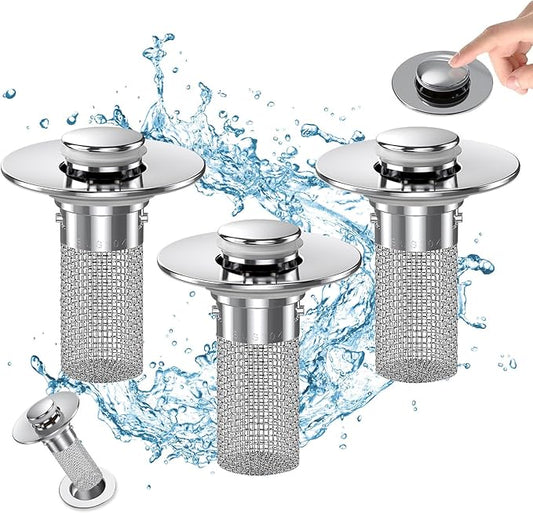 Bathroom Sink Drain Strainer, Pop Up Sink Drain Filter with Removable Stainless Steel Filter Basket Hair Catcher, Bathroom Sink Drain Stopper, for Us Bathroom Sink Stopper Replacement (3pcs)