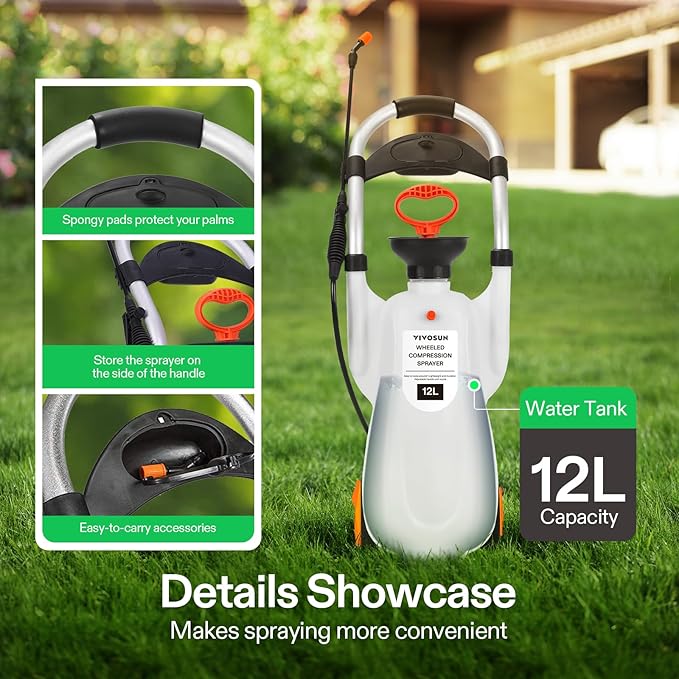 VIVOSUN 3.2 Gallon Lawn and Garden Wheeled Pump Compression Sprayer with Pressure Relief Valve, Labor-Saving Wheel Design