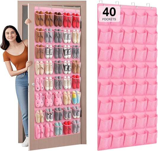 40-Pocket Over the Door Shoe Organizer - Large Mesh Pocket Hanging Shoe Organizer,Behind the Door Shoes Storage Holder Hanger (Pink)