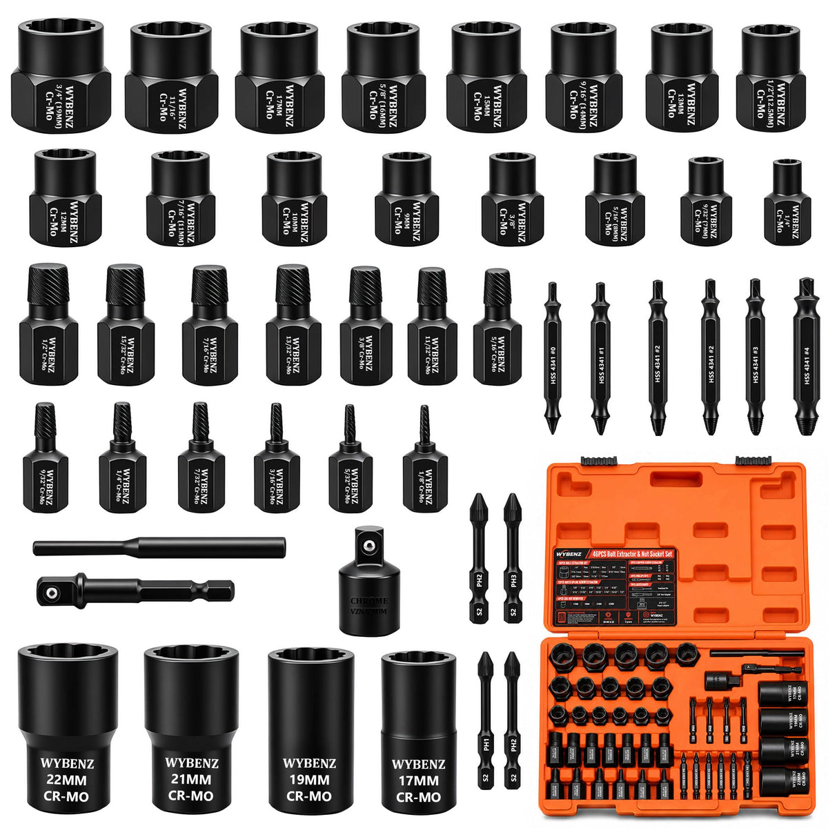 46Pcs Screw Extractor Set & Impact Lug Nut Extractor Set - Image 1