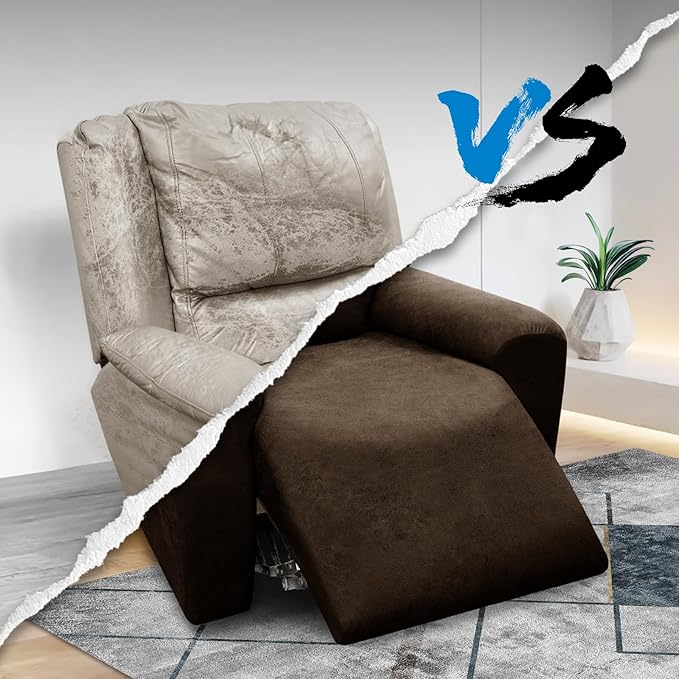 Chair Covers 4-Pieces Recliner Chair Covers 1 Seater Cover for Recliner Chair Leather Look Recliner Slipcovers with Pockets Spandex Fabric Furniture Covers(Recliner, Coffee)