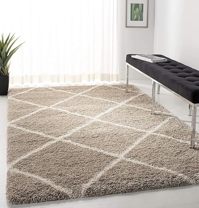 SAFAVIEH Hudson Shag Collection Accent Rug - 3' x 5', Beige & Ivory, Modern Trellis Design, Non-Shedding & Easy Care, 2-inch Thick Ideal for High Traffic Areas in Foyer, Living Room, Bedroom (SGH281S)