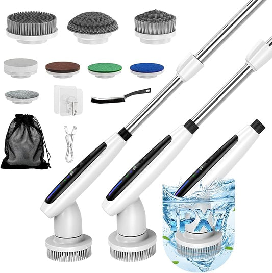 Electric Spin Scrubber, Cleaning Brush with 8 Brush Heads - Dual Speed IPX7 Waterproof Power Scrubber for Heavy-Duty Bathtub, Glass, Tile, and Car Cleaning Brush (White)