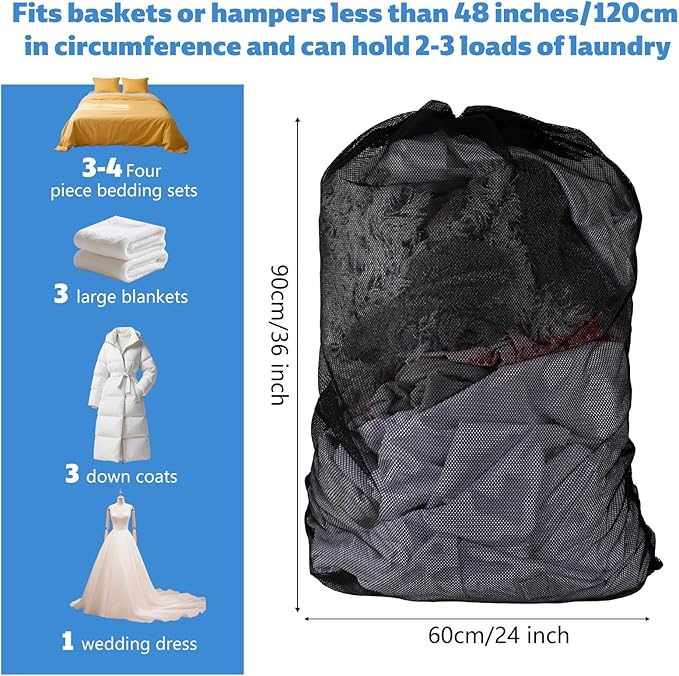 24x36 Inch Large Mesh Laundry Bag, Machine Washable Laundry Washing Bag with Drawstring for Home Hotel College Dorm Apartment Travel Camp (Black)