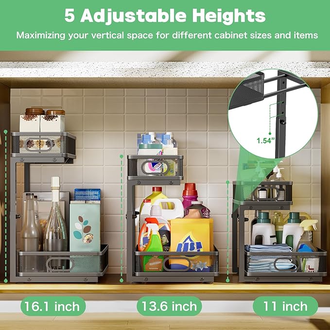 Under Sink Organizer, Height Adjustable 2 Tier Under Sink Organizers and Storage, Slide Out Metal Cabinet Organizers, Pull Out Sink Storage Drawer Shelf for Kitchen Bathroom Cabinet, Black, 1 Pack