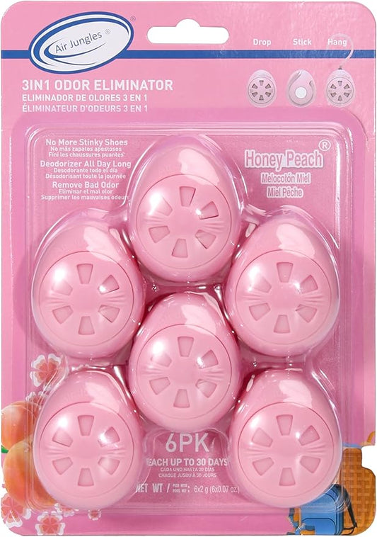 Air Jungles Shoe Deodorizer Balls 6 Ct, Honey Peach Scent, Odor Remover Balls for Sneakers, Gym Bags, Lockers, Closets, Hampers, and Drawers, Essential Oil Provides Natural Freshness