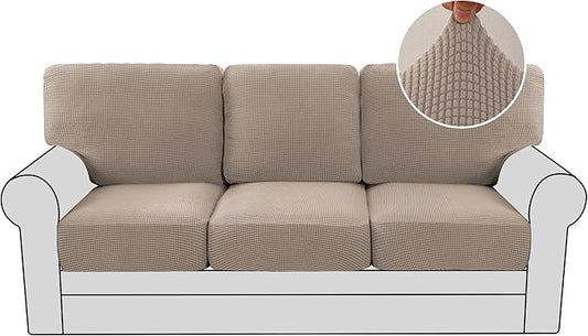 H.VERSAILTEX Multi-Pieces Couch Covers for 3 Cushion Sofa High Stretch Couch Cushion Covers Jacquard Textured Twill Fabric(3 Seat Covers Plus 3 Back Cushion Covers, Sand)