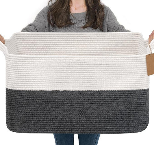 Goodpick Woven Storage Baskets for Organizing 22”x17”x12” Large Blanket Basket for Living Room Bedroom, Rectangle Toy Baskets Storage Kids with Handles, Dark Gray