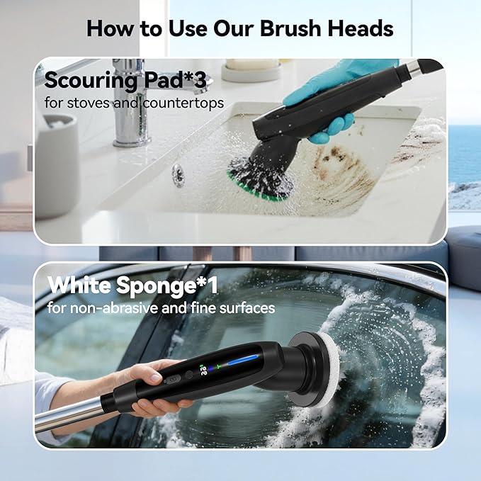 Electric Cleaning Brush - 10-in-1 IPX7 Full Waterproof Electric Spin Scrubber with LED Display, Gravity Sensing Dual Speed Adjustment, Suitable for Bathrooms, Kitchens, Sinks, Tiles, Cars