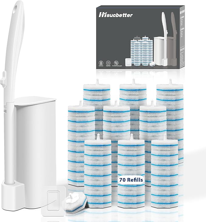 Disposable Toilet Brush Set with 70 Refills, Wall-Mounted Toilet Bowl Wand Kit-1 Extend Toliet Wand, 1 Storage Holder&70 Disposable Refill Pre-Filled Cleaning Solution for Deep Cleaning Toilet,1 Pack
