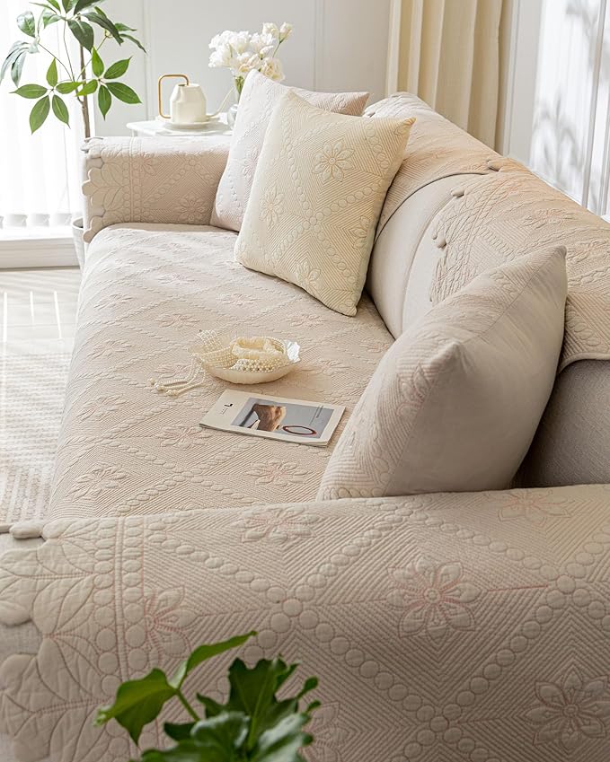 Cotton Quilted Dog Couch Cover for Sofa Farmhouse Rustic Embroidery Sectional Couch Cover Soft Anti-Slip Sofa Slipcover Furniture Protector for Kids, Pets (Khaki,43"x82")