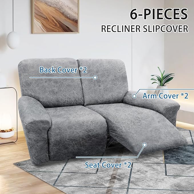 Loveseat Covers 6-Pieces Loveseat Recliner Cover 2 Seater Cover for Reclining Loveseat Cover Leather Look Recliner Slipcover with Pocket Spandex Furniture Covers(Recliner Loveseat, Light Grey)
