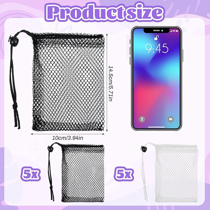 10 Pcs Small Mesh Bags Drawstring, Mini Mesh Storage Bags Nylon Small Drawstring Bag with Cord Lock, Mini Net Bag for Travel Stuff Organizing, 6 x 4 Inch (Black, White)