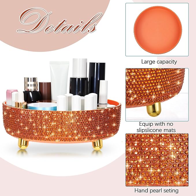 Honeydak Orange Bling Perfume Makeup Organizer Bling Mother's Day Nurses Day Gifts for Women Bathroom Organizers and Storage 360 Rotating Makeup Organizer for Countertop(Resin Stone)