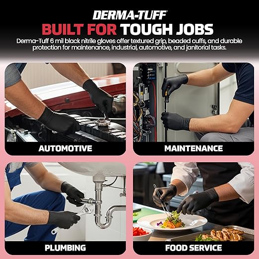 Derma-Tuff Powder Free Nitrile Gloves XL, 6 Mil Chemical + Puncture Resistant Exam Grade, Latex Free Black Gloves Disposable for Maintenance, Automotive and Janitorial, 120 Ct