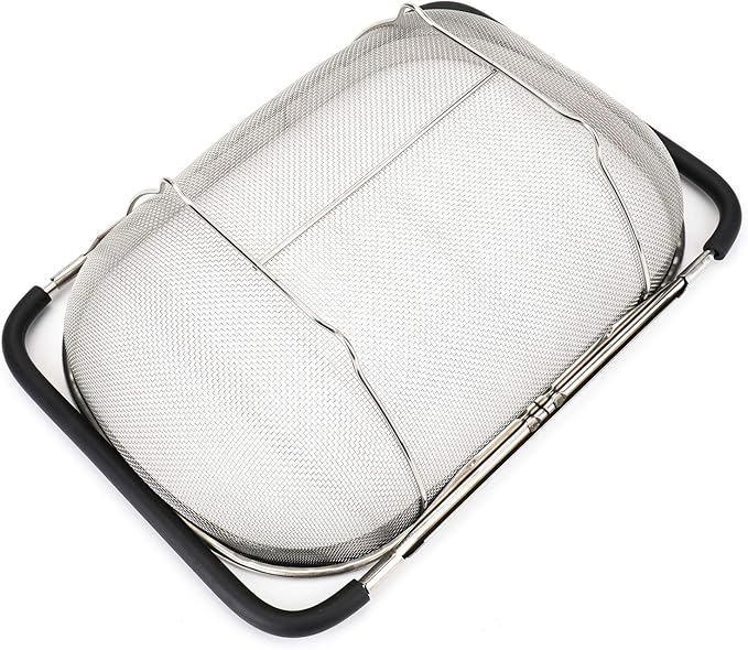 Suwimut 2 Pack Over the Sink Oval Colander for Kitchen, Stainless Steel Fine Mesh 6 Quart Strainer Basket with Expandable Rubber Grip Handles for Straining, Draining, Rinsing Fruits, Vegetables