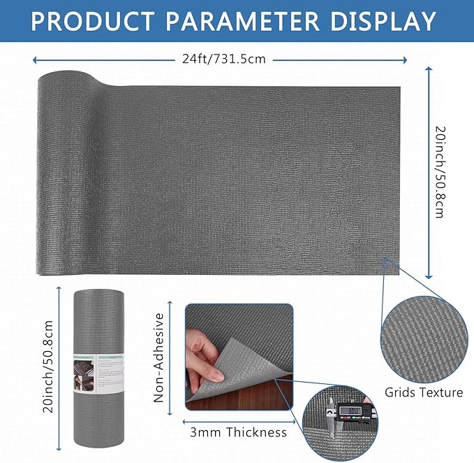 Foam Toolbox Liner Drawer Mat 1/8 Inch Thick X 20 Inch Wide X 24 Ft Long Gray, No Slip for Protecting Cabinet, Garage, Cart, Tool Box